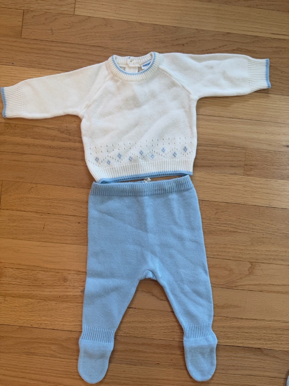 Vintage  Cream and Light Blue Knit Baby Sweater Set